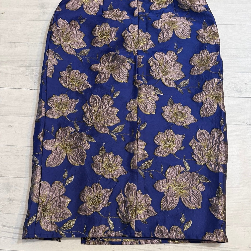 Lulu's Navy Blue Strapless Midi Dress with Metallic Floral Brocade - Picture 10 of 12